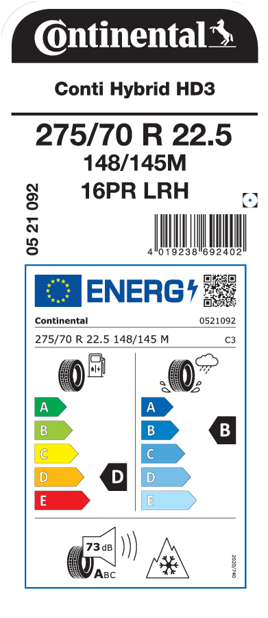 275/70R22.5 CONTINENTAL CONTI HYBRID HD3 EU LRH 16PR M+S 275/70R22.5 CONTINENTAL CONTI HYBRID HD3 EU LRH 16PR M+S